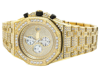 18K Yellow Gold Full Stainless Steel Mens Simulated Diamond Chronograph Watch 43MM