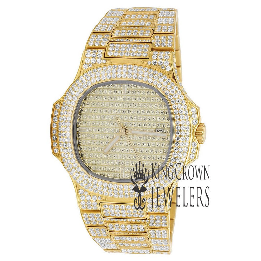 Mens Iced Sold Yellow Gold Stainless Steel 40MM PP Simulated Diamond Watch W/Date Function