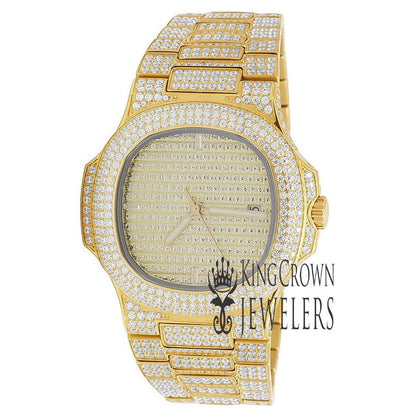 Mens Iced Sold Yellow Gold Stainless Steel 40MM PP Simulated Diamond Watch W/Date Function