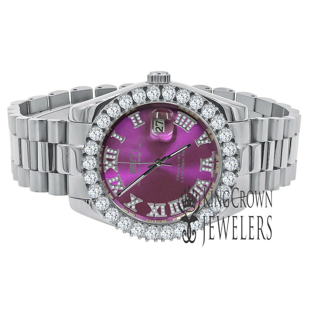 Solid Stainless Steel Roman Numeral Face Purple Amethyst Dial 18K Yellow Gold Tone Simulated Diamond 5 ATM Water Resistant Watch W/Date 42mm