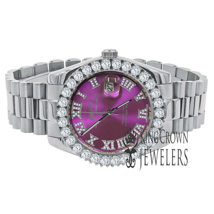Solid Stainless Steel Roman Numeral Face Purple Amethyst Dial 18K Yellow Gold Tone Simulated Diamond 5 ATM Water Resistant Watch W/Date 42mm