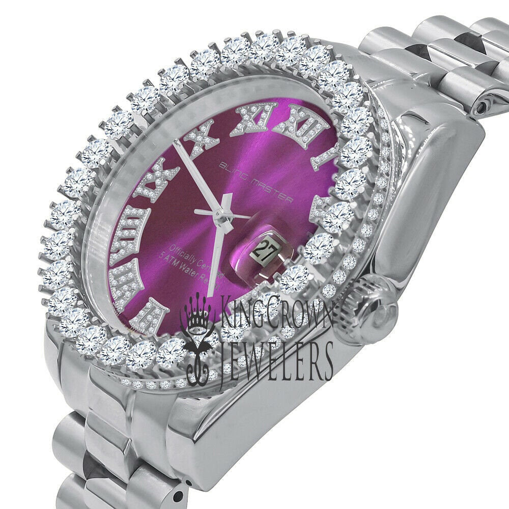 Solid Stainless Steel Roman Numeral Face Purple Amethyst Dial 18K Yellow Gold Tone Simulated Diamond 5 ATM Water Resistant Watch W/Date 42mm