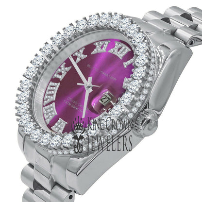 Solid Stainless Steel Roman Numeral Face Purple Amethyst Dial 18K Yellow Gold Tone Simulated Diamond 5 ATM Water Resistant Watch W/Date 42mm