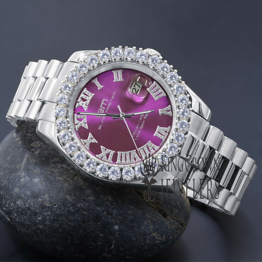 Solid Stainless Steel Roman Numeral Face Purple Amethyst Dial 18K Yellow Gold Tone Simulated Diamond 5 ATM Water Resistant Watch W/Date 42mm