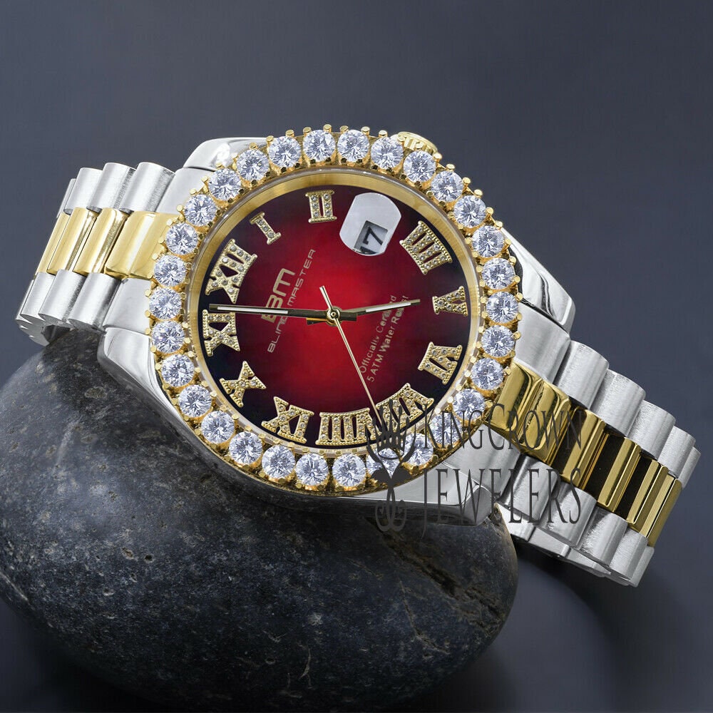 Full Solid Stainless Steel Roman Numeral Face Ruby Red Dial 18K 2 Tone Gold Finish Simulated Diamond 5 ATM Water Resistant Watch W/Date 42mm
