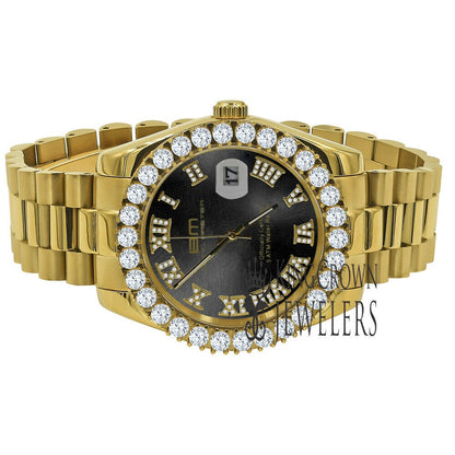 Solid Stainless Steel Roman Numeral Face Onyx Black Dial 18K Yellow Gold Finish Simulated Diamond 5 ATM Water Resistant Watch W/Date 42mm