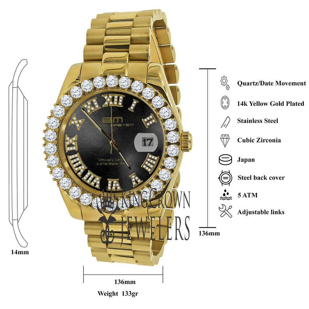 Solid Stainless Steel Roman Numeral Face Onyx Black Dial 18K Yellow Gold Finish Simulated Diamond 5 ATM Water Resistant Watch W/Date 42mm