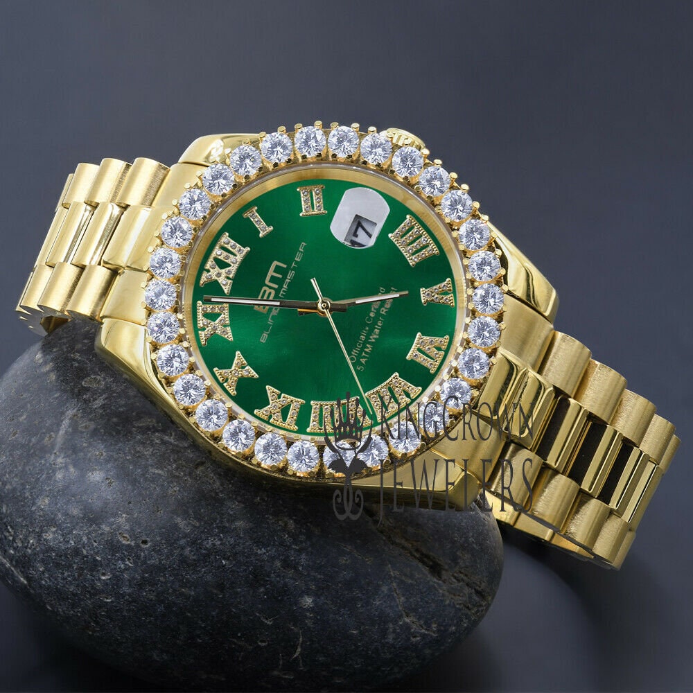 Solid Stainless Steel Roman Numeral Face Emerald Green Dial 18K Yellow Gold Finish Simulated Diamond 5 ATM Water Resistant Watch W/Date 42mm