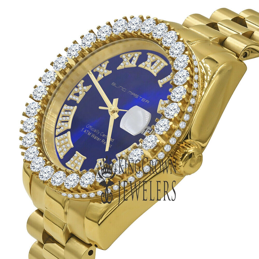 Solid Stainless Steel Roman Numeral Face Blue Sapphire Dial 18K Yellow Gold Finish Simulated Diamond 5 ATM Water Resistant Watch W/Date 42mm