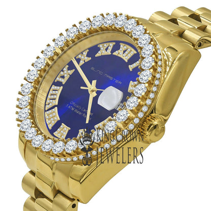 Solid Stainless Steel Roman Numeral Face Blue Sapphire Dial 18K Yellow Gold Finish Simulated Diamond 5 ATM Water Resistant Watch W/Date 42mm