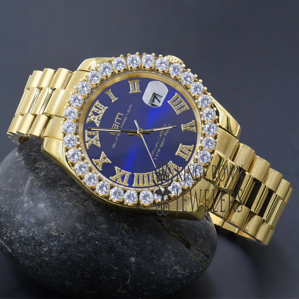 Solid Stainless Steel Roman Numeral Face Blue Sapphire Dial 18K Yellow Gold Finish Simulated Diamond 5 ATM Water Resistant Watch W/Date 42mm