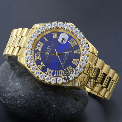 Solid Stainless Steel Roman Numeral Face Blue Sapphire Dial 18K Yellow Gold Finish Simulated Diamond 5 ATM Water Resistant Watch W/Date 42mm