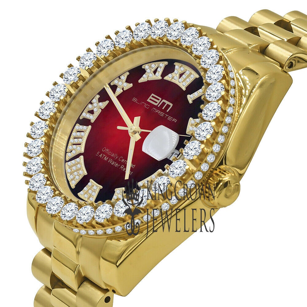 Full Solid Stainless Steel Roman Numeral Face Ruby Red Dial 18K Yellow Gold Finish Simulated Diamond 5 ATM Water Resistant Watch W/Date 42mm