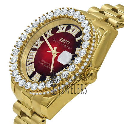Full Solid Stainless Steel Roman Numeral Face Ruby Red Dial 18K Yellow Gold Finish Simulated Diamond 5 ATM Water Resistant Watch W/Date 42mm