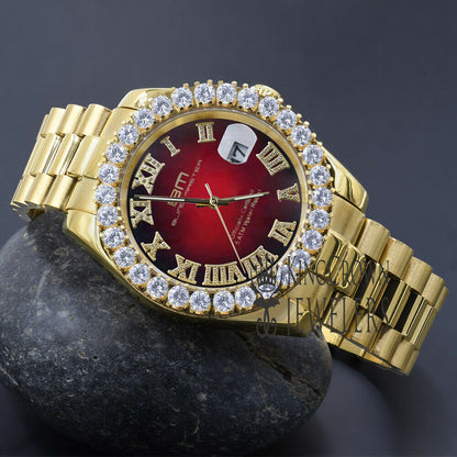 Full Solid Stainless Steel Roman Numeral Face Ruby Red Dial 18K Yellow Gold Finish Simulated Diamond 5 ATM Water Resistant Watch W/Date 42mm
