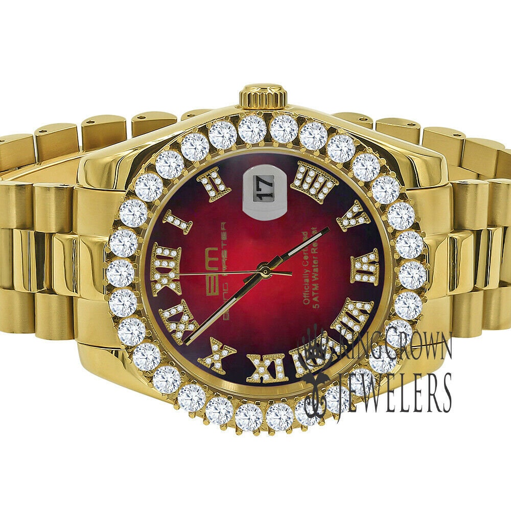 Full Solid Stainless Steel Roman Numeral Face Ruby Red Dial 18K Yellow Gold Finish Simulated Diamond 5 ATM Water Resistant Watch W/Date 42mm