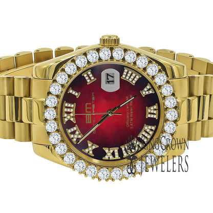 Full Solid Stainless Steel Roman Numeral Face Ruby Red Dial 18K Yellow Gold Finish Simulated Diamond 5 ATM Water Resistant Watch W/Date 42mm