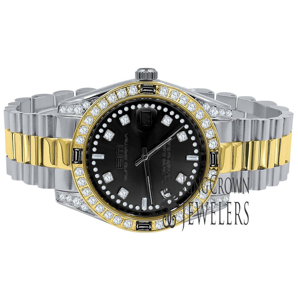 Solid Stainless Steel Black Dial 2 Tone Gold Finish Mens Simulated Diamond 40mm Presidential Watch