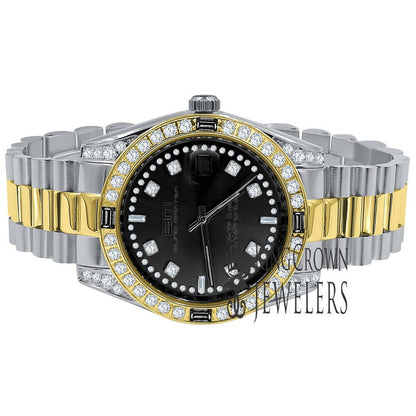 Solid Stainless Steel Black Dial 2 Tone Gold Finish Mens Simulated Diamond 40mm Presidential Watch