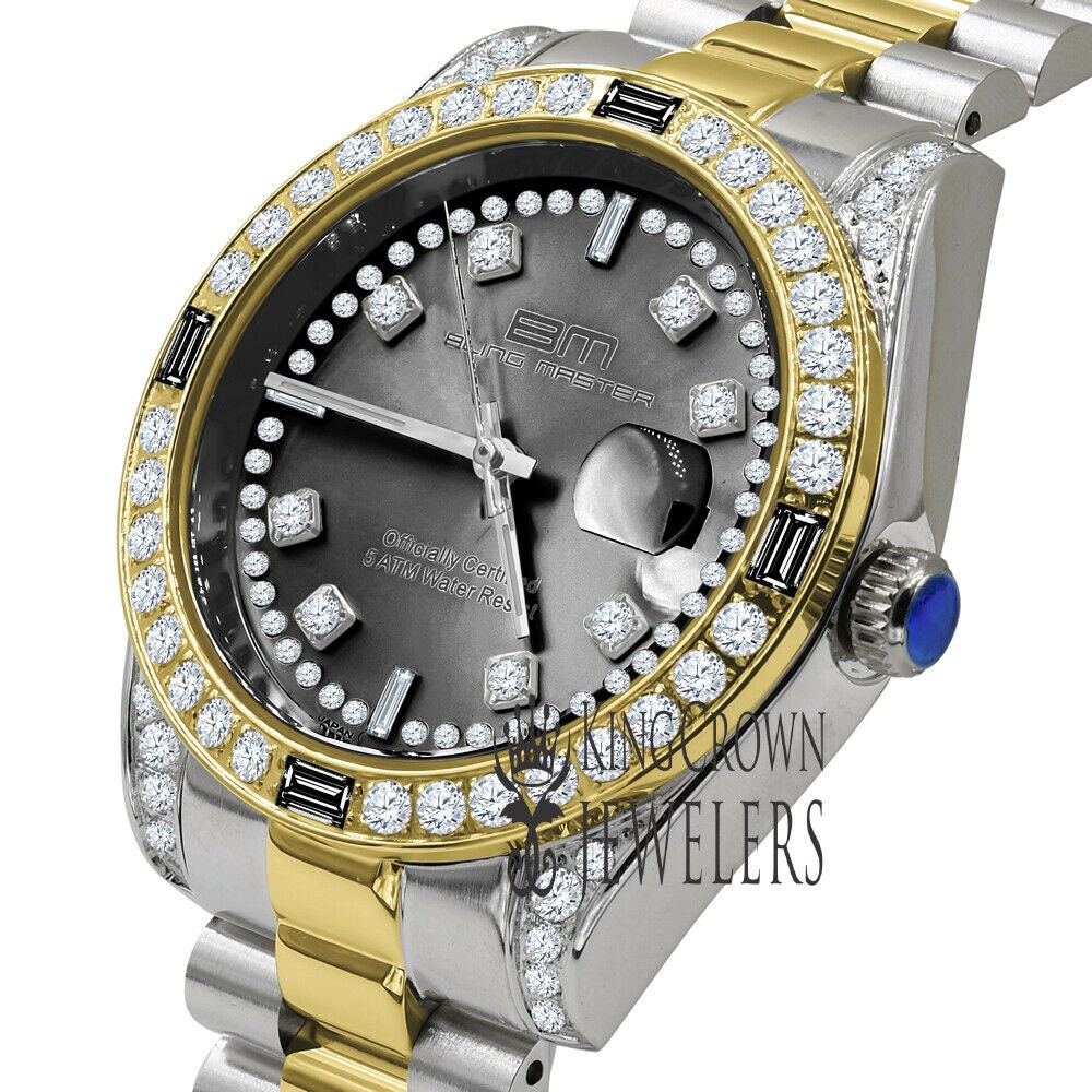 Solid Stainless Steel Black Dial 2 Tone Gold Finish Mens Simulated Diamond 40mm Presidential Watch
