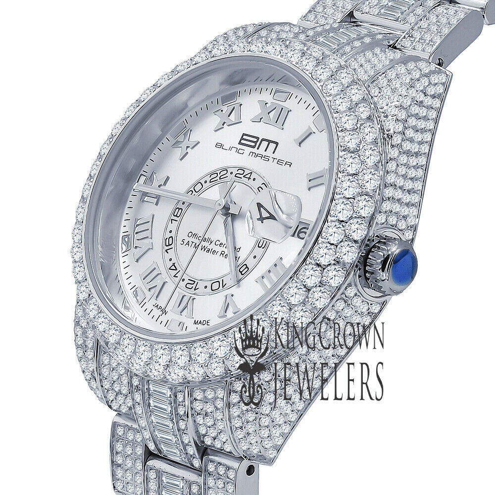 18K White Gold Plated Full Stainless Steel Simulated Diamonds Mens Watch 42mm W/Date