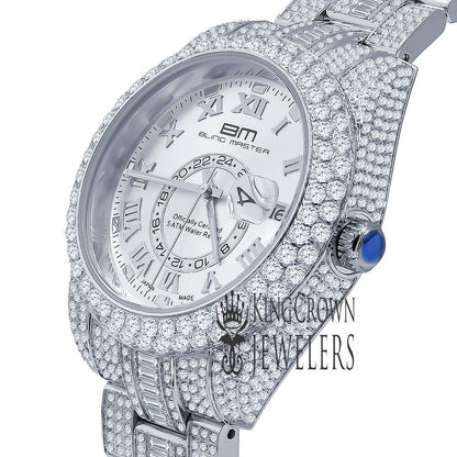 18K White Gold Plated Full Stainless Steel Simulated Diamonds Mens Watch 42mm W/Date