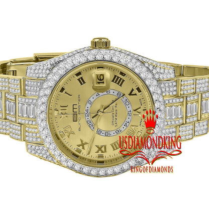 18K Yellow Gold Plated Full Stainless Steel Simulated Diamonds Mens Watch 42mm W/Date