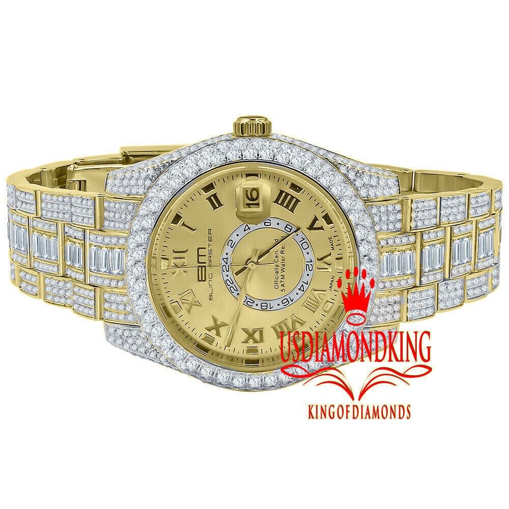 18K Yellow Gold Plated Full Stainless Steel Simulated Diamonds Mens Watch 42mm W/Date