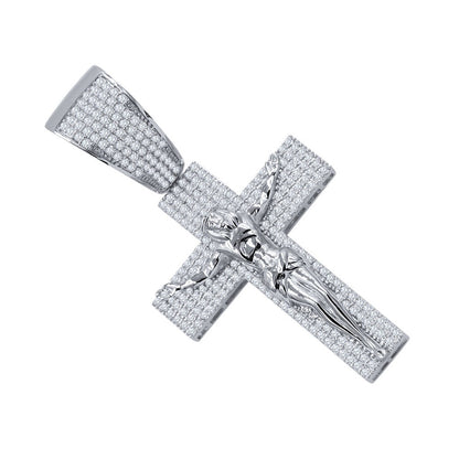 14K White Gold On Real Sterling Silver Simulated Diamond Jesus Crucifix Cross Charm Pendant 2.85''