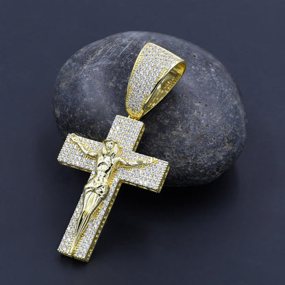 14K Yellow Gold On Real Sterling Silver Simulated Diamond Jesus Crucifix Cross Charm Pendant 2.85''