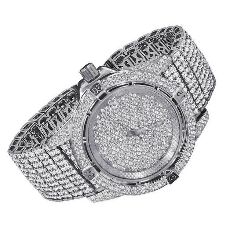 Mens 10 Row Custom Band Iced Out Dial Simulated Diamond White  Gold Tone Joe Rodeo Jojino Watch
