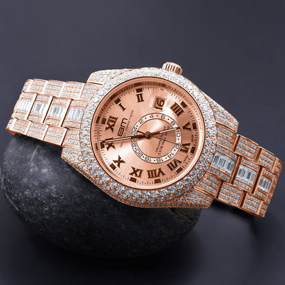 18K Rose Gold Plated Full Stainless Steel Simulated Diamonds Mens Watch 42mm W/Date