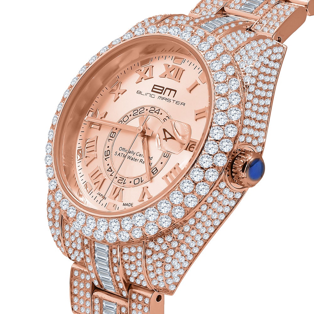 18K Rose Gold Plated Full Stainless Steel Simulated Diamonds Mens Watch 42mm W/Date