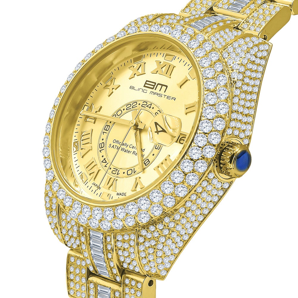 18K Yellow Gold Plated Full Stainless Steel Simulated Diamonds Mens Watch 42mm W/Date
