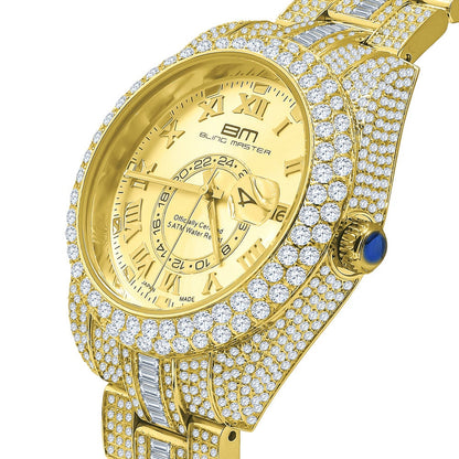 18K Yellow Gold Plated Full Stainless Steel Simulated Diamonds Mens Watch 42mm W/Date