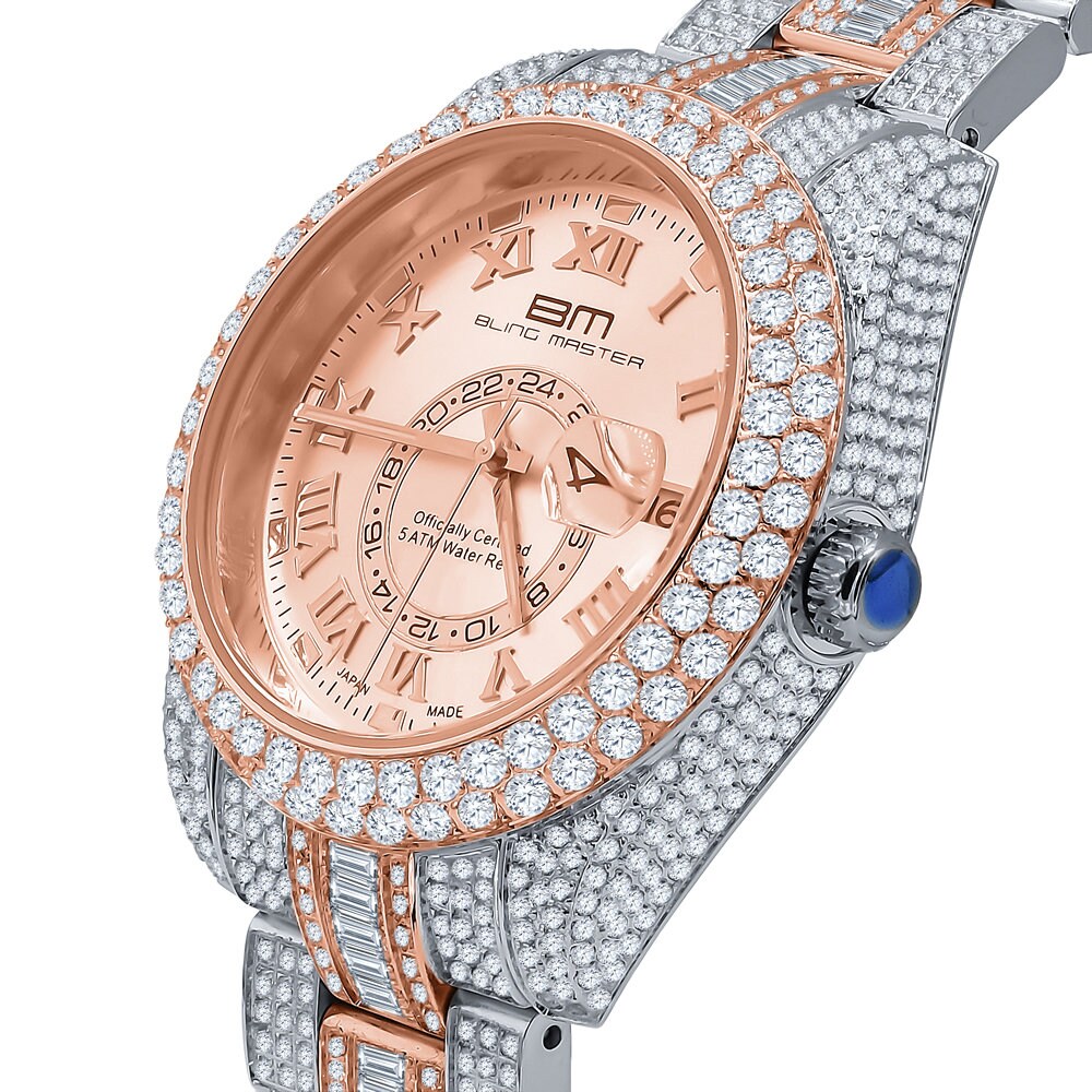2 Tone 18K Rose Gold Plated Full Stainless Steel Simulated Diamonds Mens Watch 42mm W/Date
