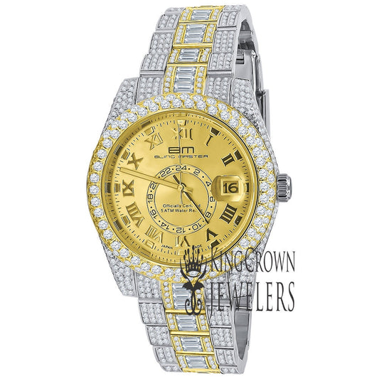 2 Tone 18K Yellow Gold Plated Full Stainless Steel Simulated Diamonds Mens Watch 42mm W/Date