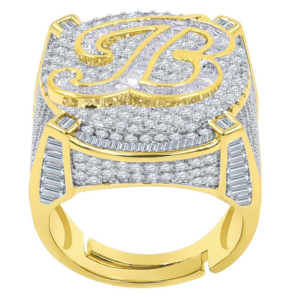 Men's 14K Yellow Gold Finish 2.00 Cwt. Baguette/Round Cut Simulated Diamond Initial Letters Alphabet Ring Band (Adjustable Size 10 Up To 12)