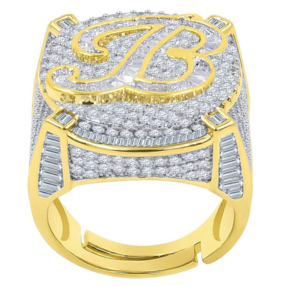 Men's 14K Yellow Gold Finish 2.00 Cwt. Baguette/Round Cut Simulated Diamond Initial Letters Alphabet Ring Band (Adjustable Size 10 Up To 12)