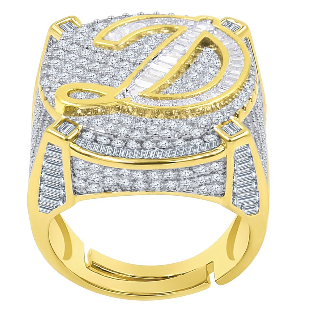 Men's 14K Yellow Gold Finish 2.00 Cwt. Baguette/Round Cut Simulated Diamond Initial Letters Alphabet Ring Band (Adjustable Size 10 Up To 12)