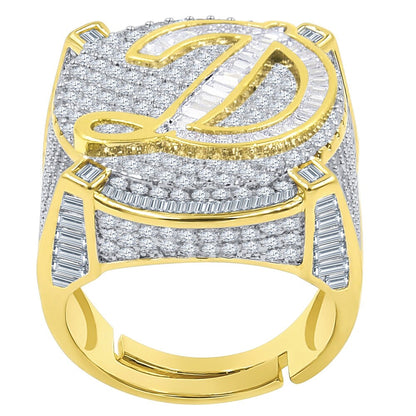 Men's 14K Yellow Gold Finish 2.00 Cwt. Baguette/Round Cut Simulated Diamond Initial Letters Alphabet Ring Band (Adjustable Size 10 Up To 12)
