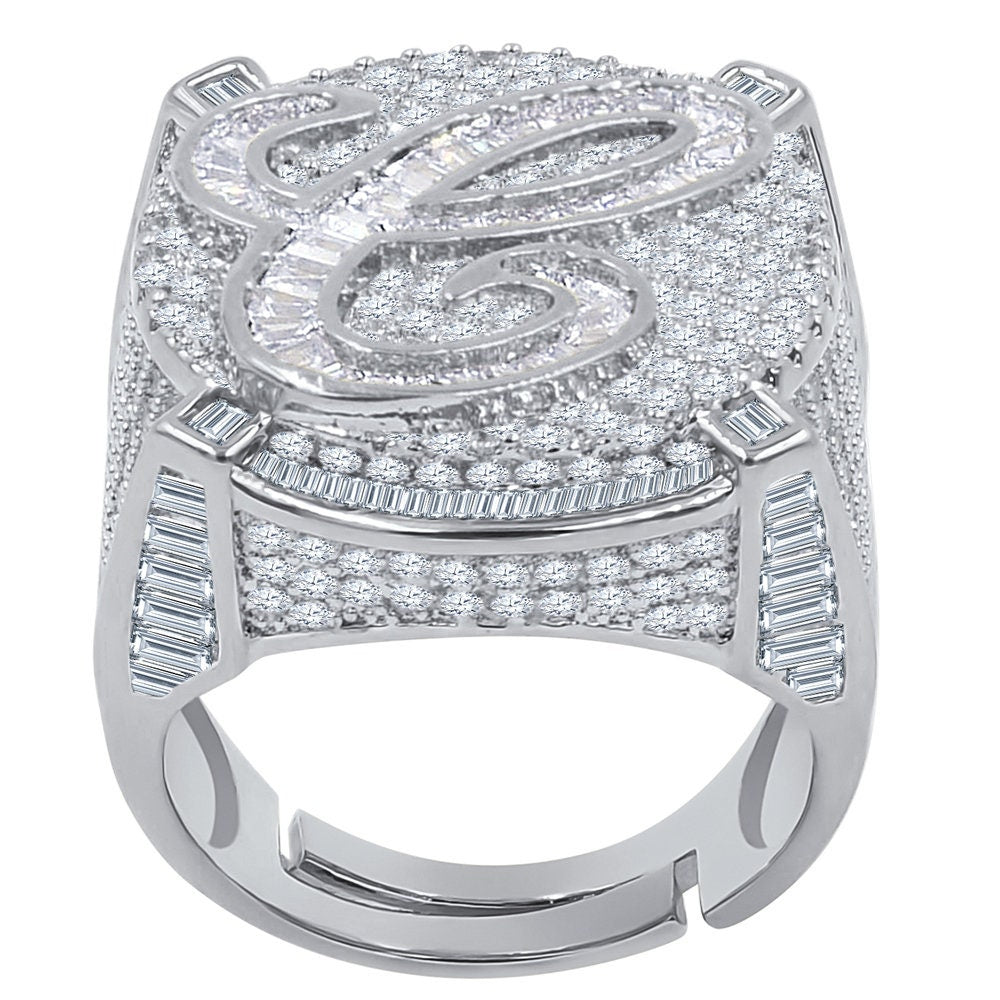 Men's 14K White Gold Finish 2.00 Cwt. Baguette/Round Cut Simulated Diamond Initial Letters Alphabet Ring Band (Adjustable Size 10 Up To 12)
