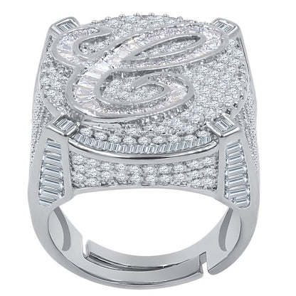 Men's 14K White Gold Finish 2.00 Cwt. Baguette/Round Cut Simulated Diamond Initial Letters Alphabet Ring Band (Adjustable Size 10 Up To 12)