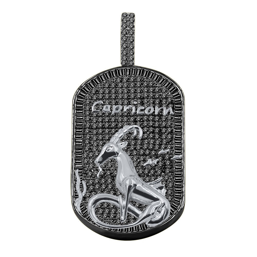 14K Gold Finish Silver Tone Black Baguette/Round Cut Simulated Diamond Zodiac Sign Custom Men's Dog Tag Pendant Charm Chain Neckless Set 2''