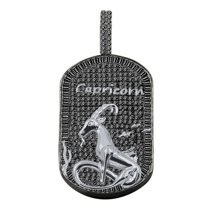 14K Gold Finish Silver Tone Black Baguette/Round Cut Simulated Diamond Zodiac Sign Custom Men's Dog Tag Pendant Charm Chain Neckless Set 2''