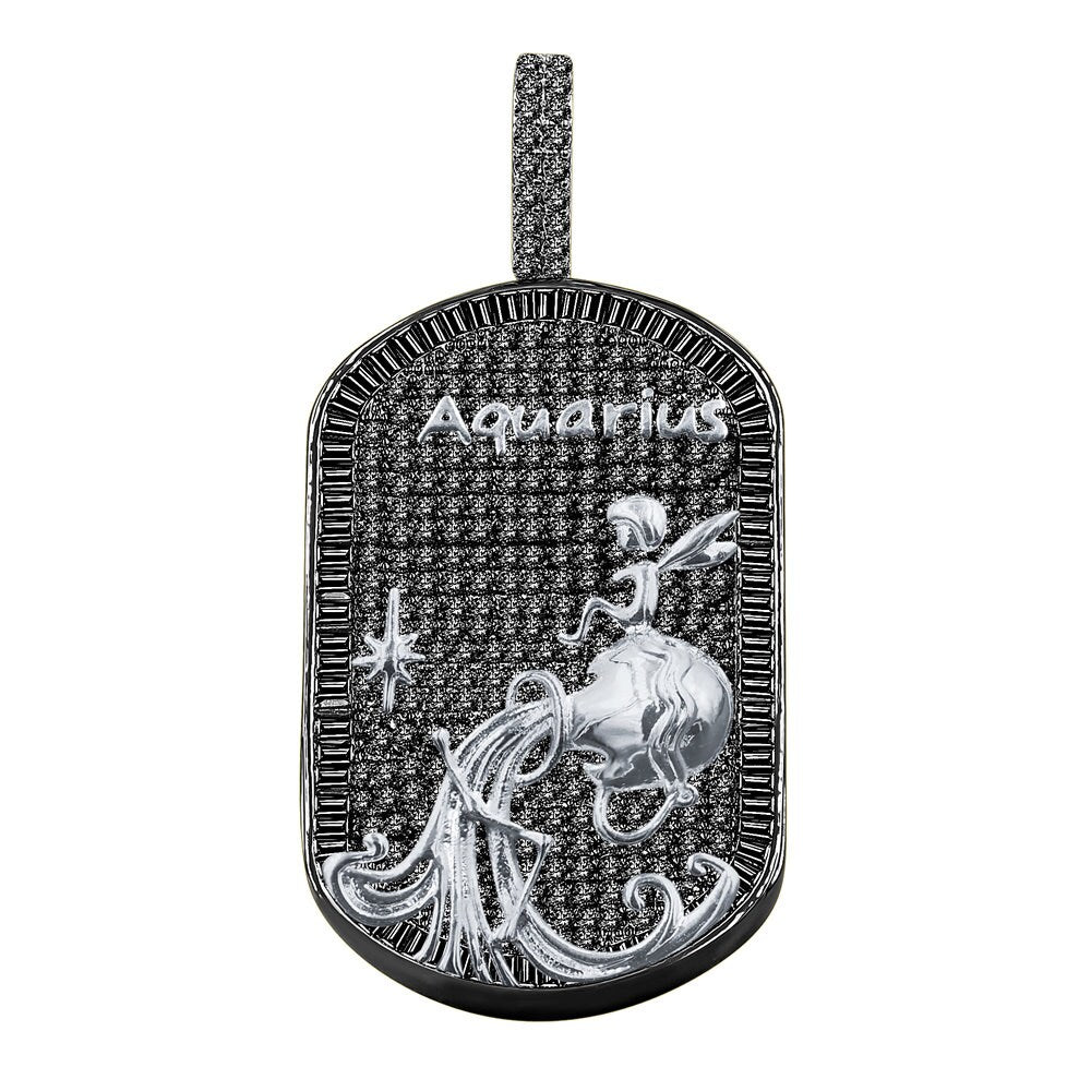 14K Gold Finish Silver Tone Black Baguette/Round Cut Simulated Diamond Zodiac Sign Custom Men's Dog Tag Pendant Charm Chain Neckless Set 2''