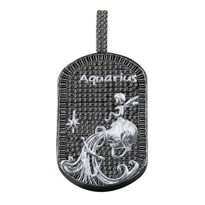 14K Gold Finish Silver Tone Black Baguette/Round Cut Simulated Diamond Zodiac Sign Custom Men's Dog Tag Pendant Charm Chain Neckless Set 2''