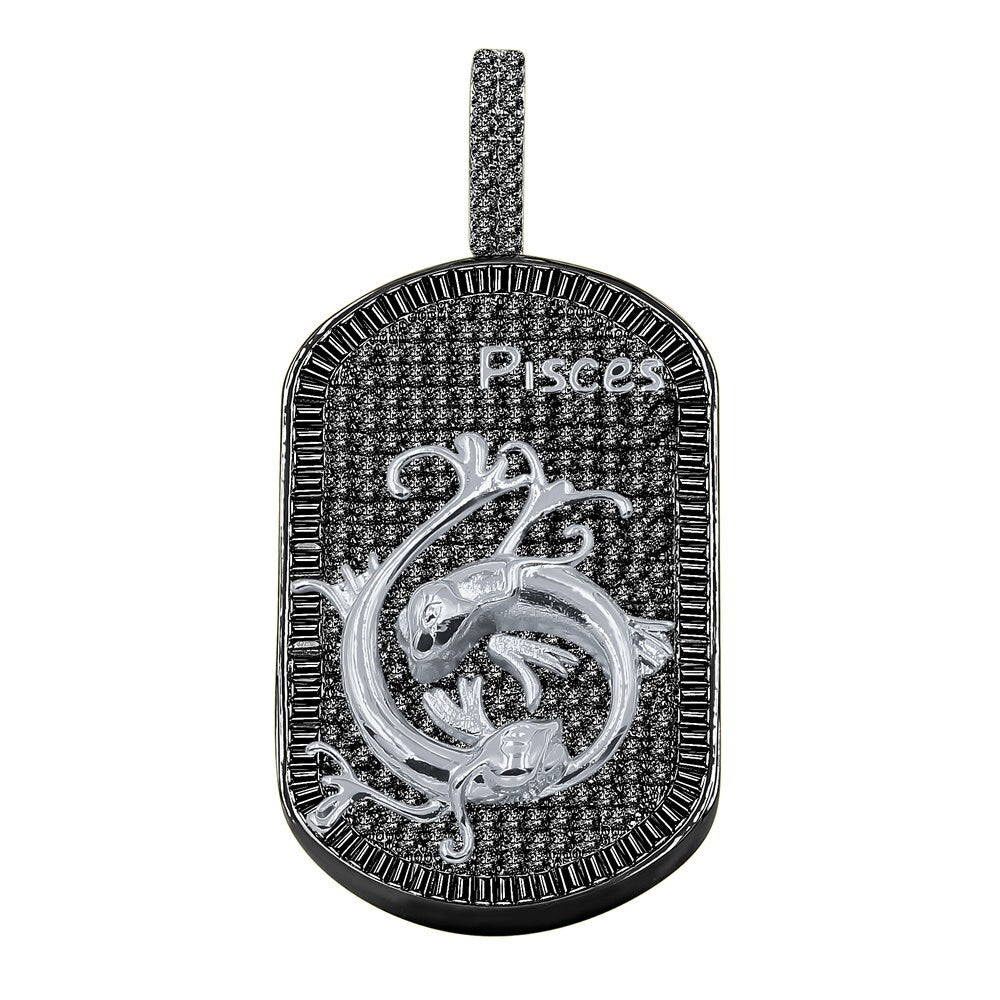 14K Gold Finish Silver Tone Black Baguette/Round Cut Simulated Diamond Zodiac Sign Custom Men's Dog Tag Pendant Charm Chain Neckless Set 2''