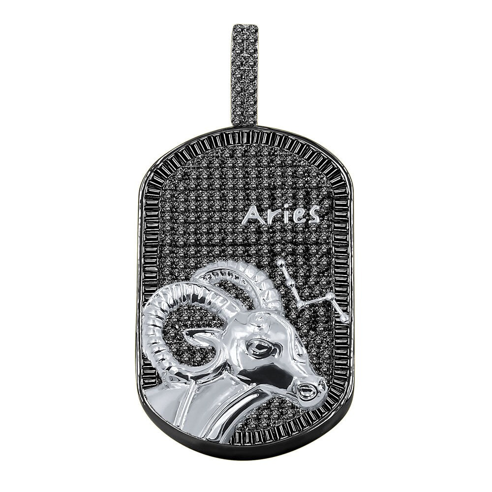 14K Gold Finish Silver Tone Black Baguette/Round Cut Simulated Diamond Zodiac Sign Custom Men's Dog Tag Pendant Charm Chain Neckless Set 2''