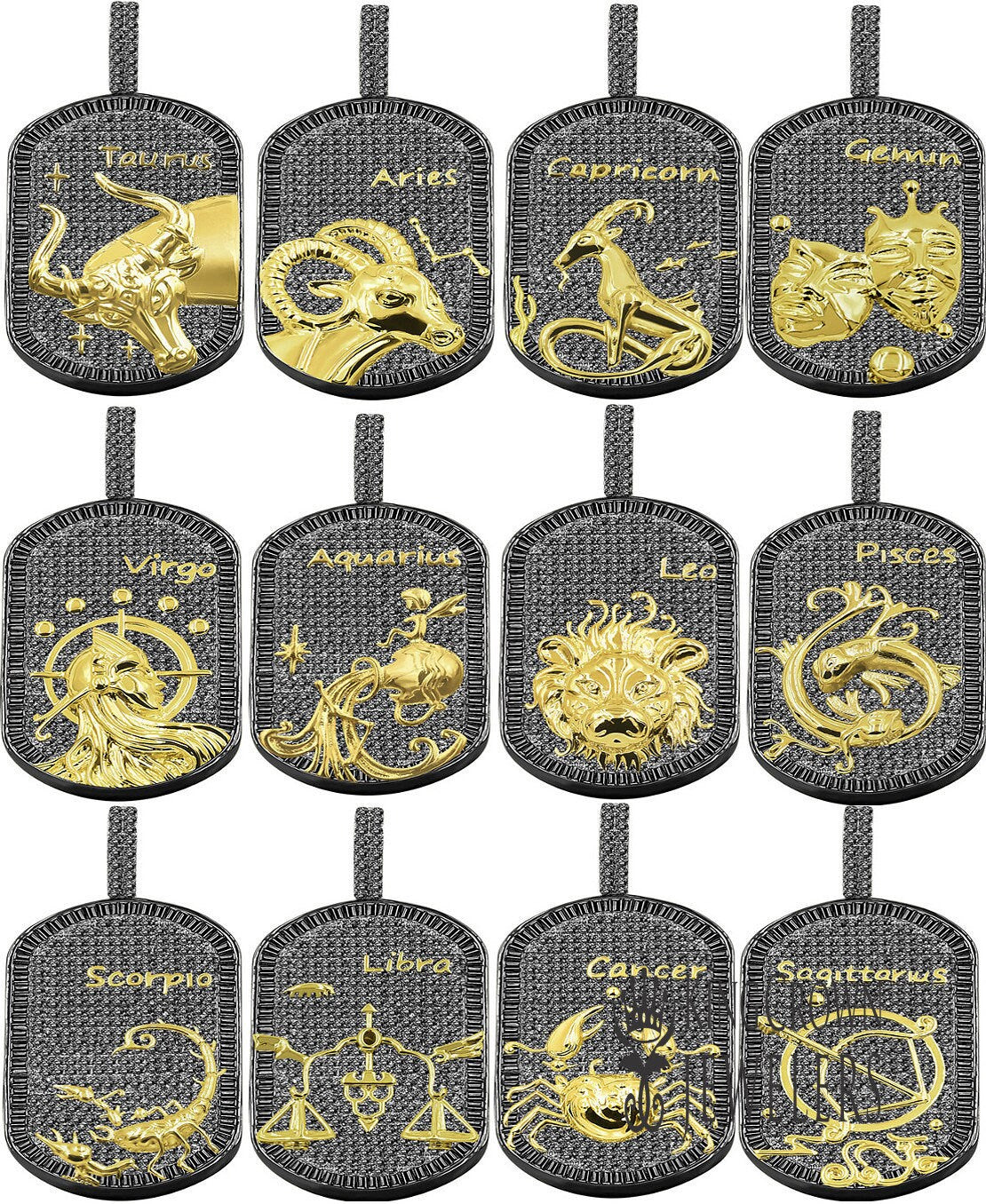14K Gold Finish Gold Tone Black Baguette/Round Cut Simulated Diamond Zodiac Sign Custom Men's Dog Tag Pendant Charm Chain Neckless Set 2''